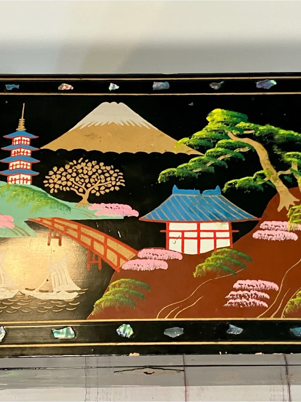 Vintage 70s 80s Japan Style Musical Jewelry Box Cherry Blossom Wood Inlay TLC